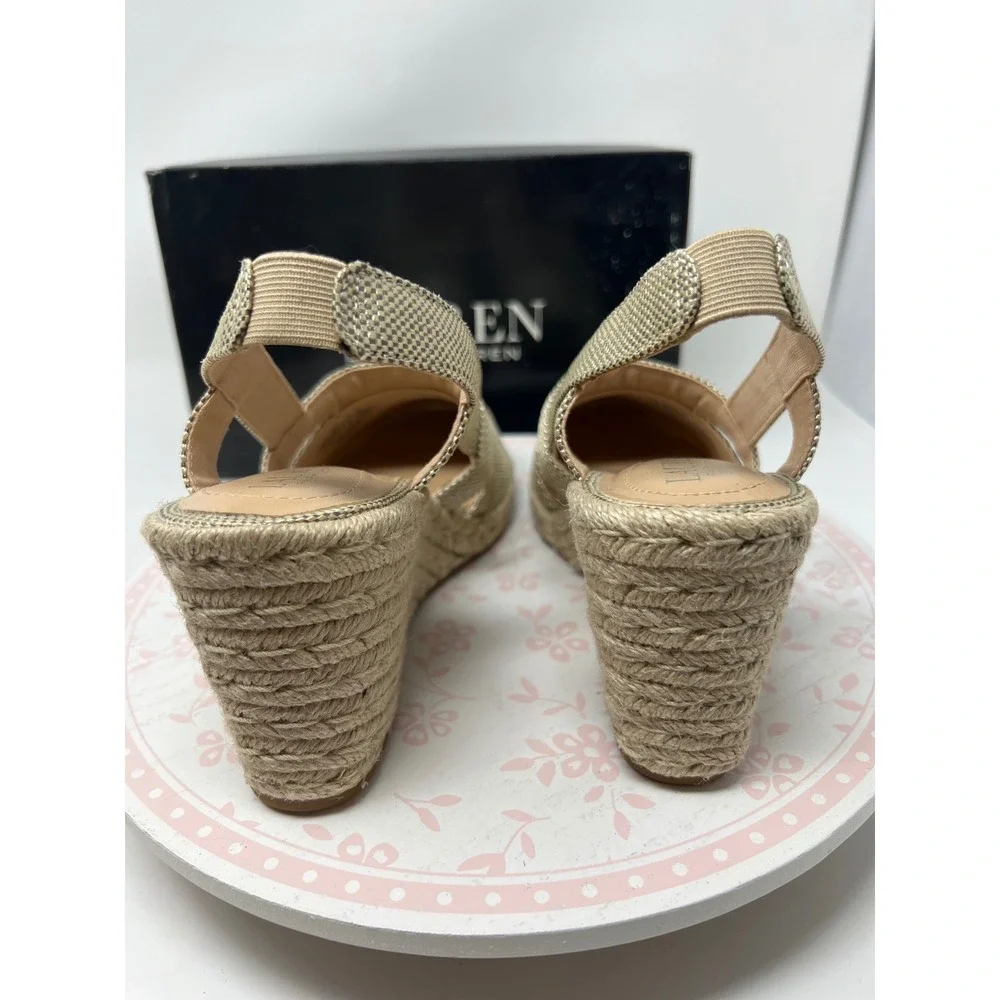 LAUREN Ralph Lauren Penelopie Espadrille Wedge Women 6 Silver Metallic Straw New
